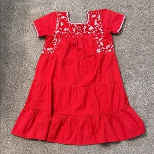 Girls' Red Embroidered Tiered Casual Dress